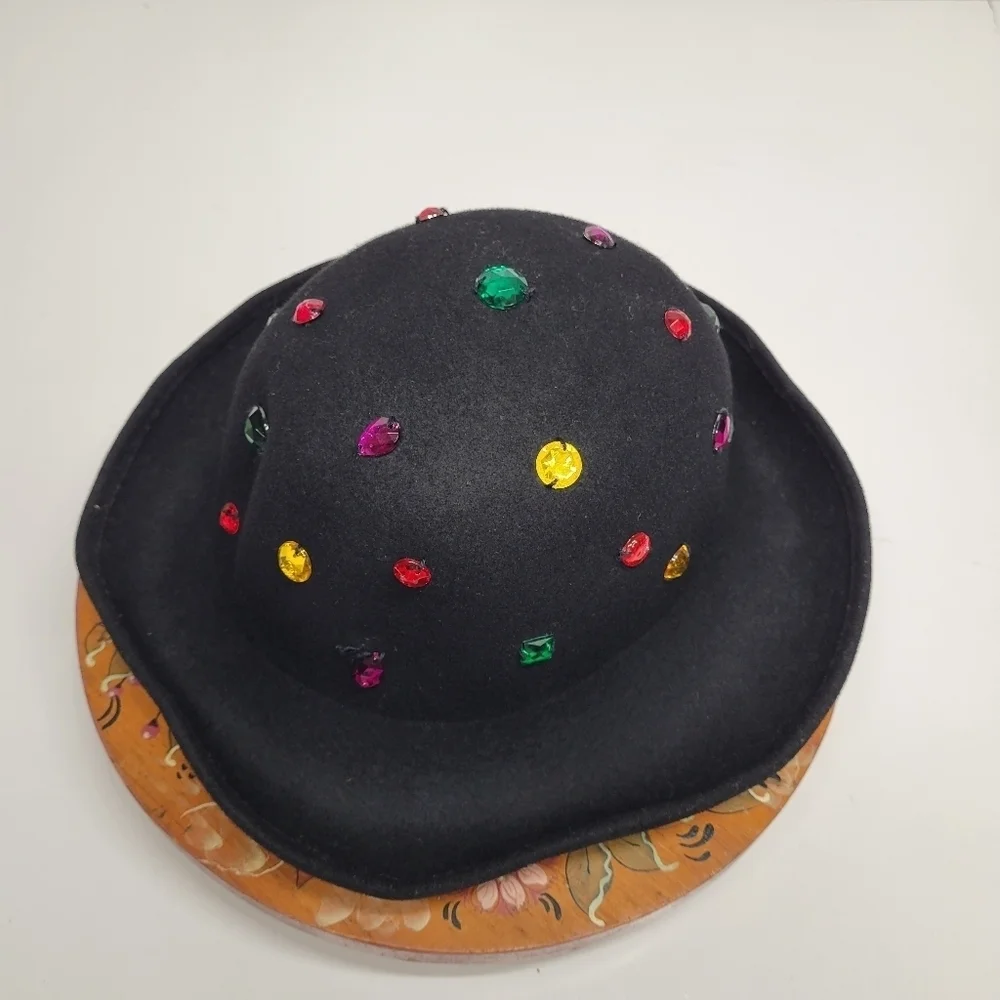 Vintage Wool Bejewled Made in Italy Black Hat Silver‎ Studs Felt 60s Retro - Picture 6 of 17
